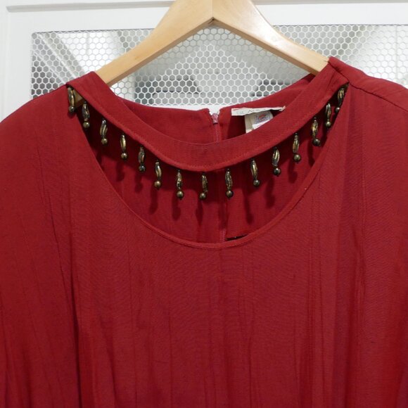 Vintage Scarlett 80's 90's Red Ethnic Mini Dress Beaded Collar Witchy Boho - Picture 2 of 11